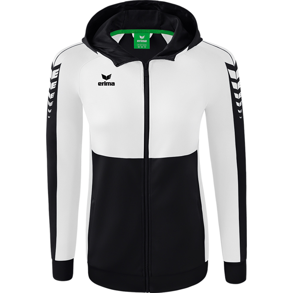 CHAQUETA DE ENTRENAMIENTO CON CAPUCHA ERIMA SIX WINGS, NEGRA-BLANCA MUJER. 34 36 38 40 42 44 