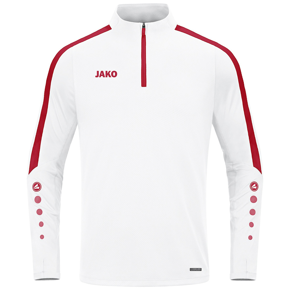 SUDADERA ZIP TOP JAKO POWER, BLANCA-ROJA NIÑO. 128 140 152 164 