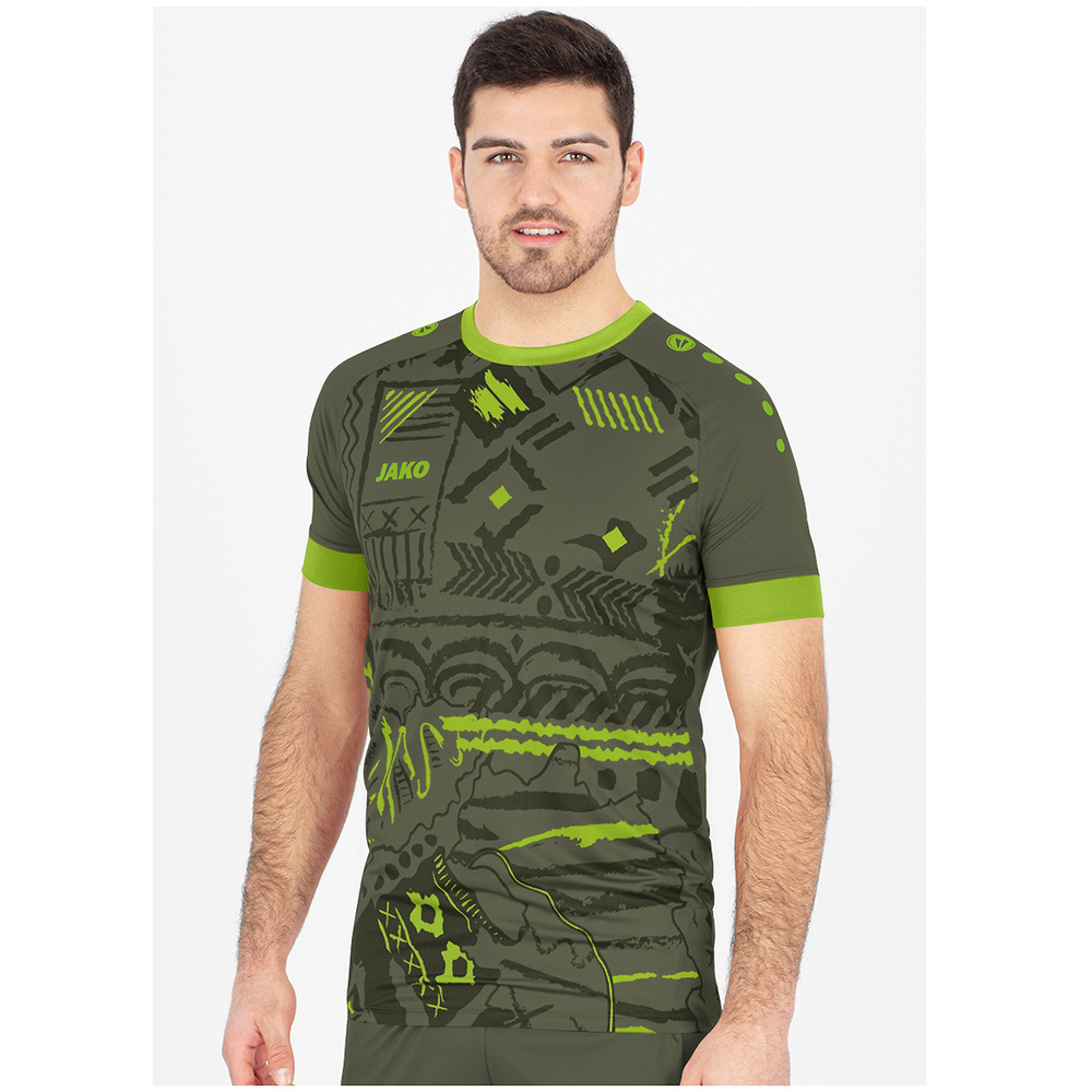 CAMISETA JAKO TROPICANA MANGA CORTA, VERDE CAQUI-VERDE NEÓN HOMBRE. 