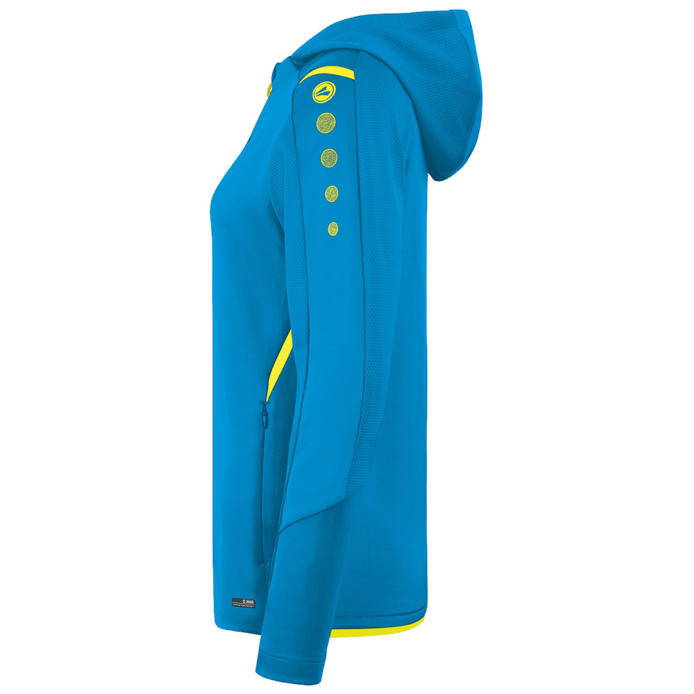 CHAQUETA DE ENTRENAMIENTO CON CAPUCHA JAKO CHALLENGE, AZUL JAKO-AMARILLO NEÓN MUJER. 