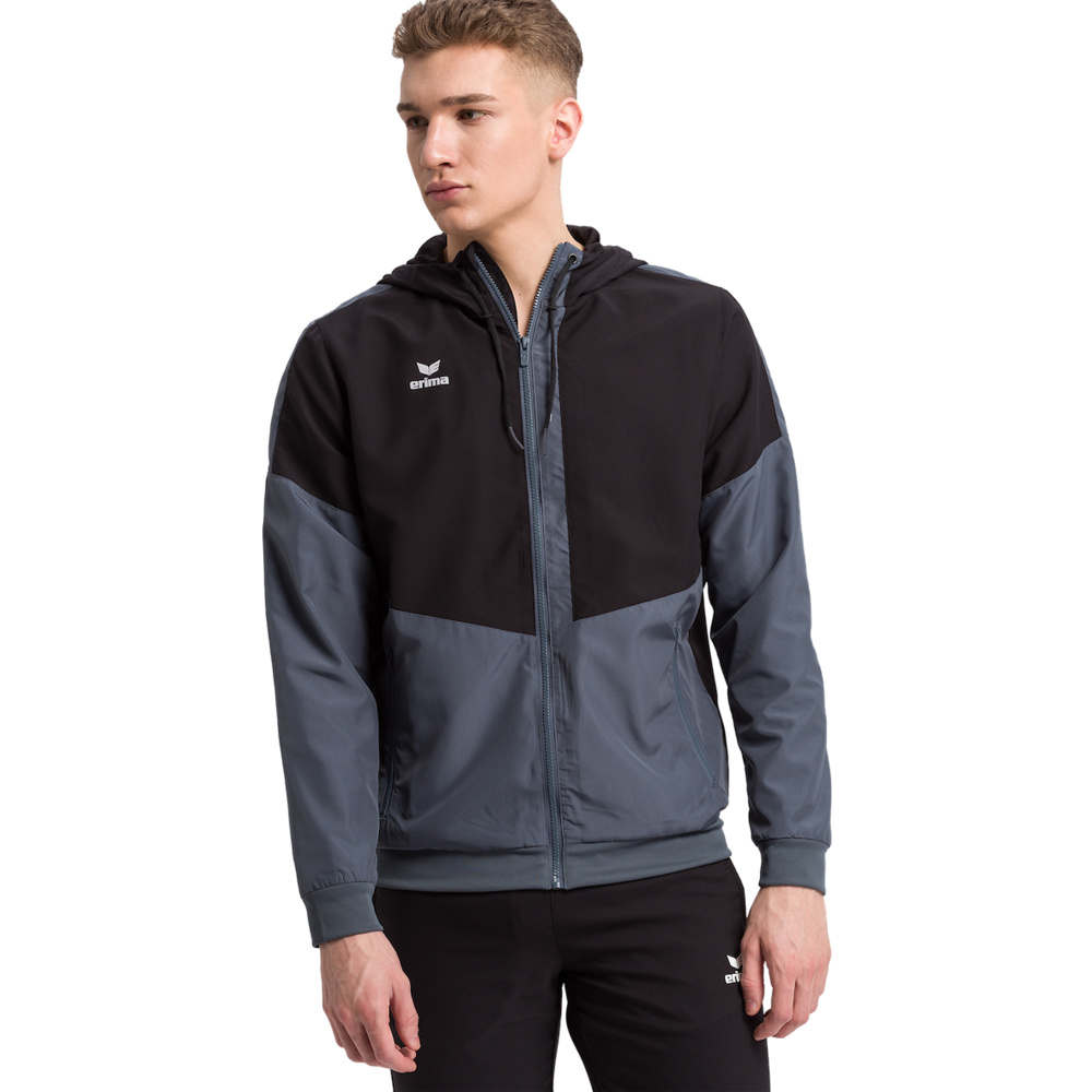 ERIMA SQUAD TRACK TOP JACKET WITH HOOD, BLACK-SLATE GREY MEN. 