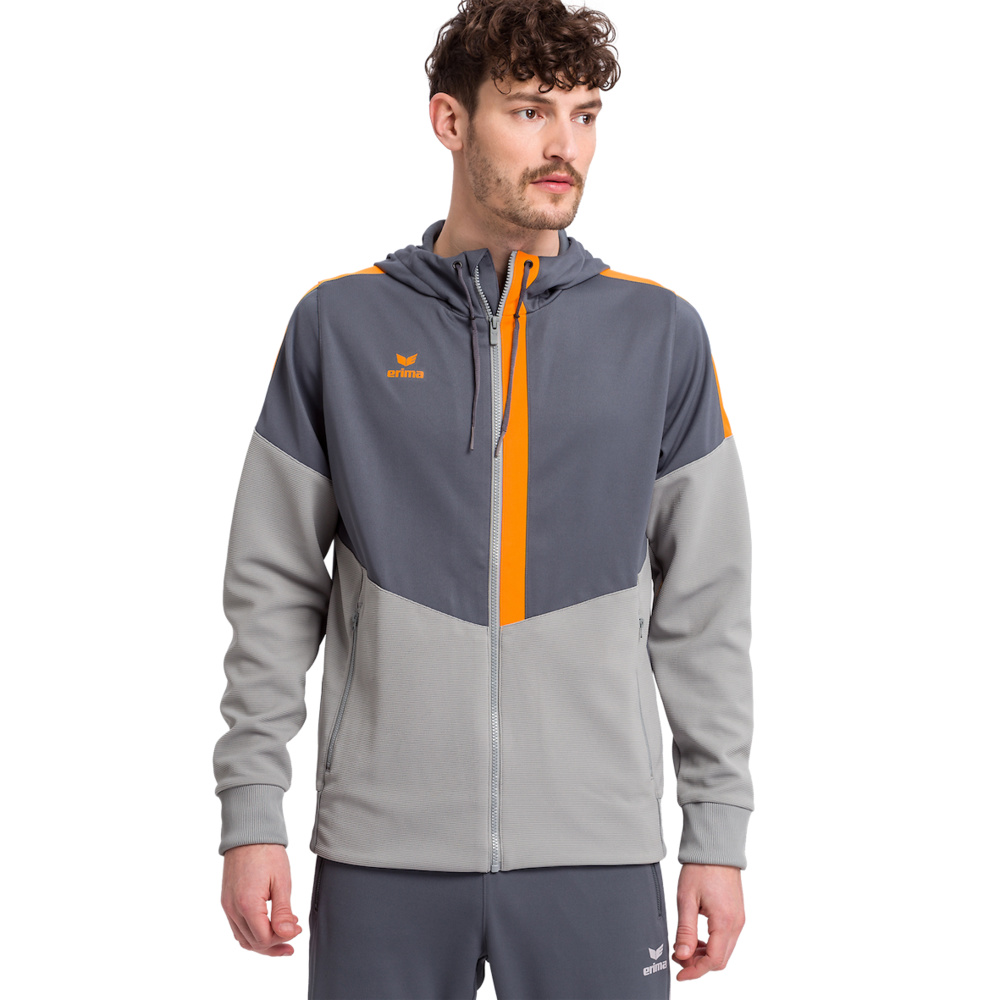 ERIMA SQUAD TRAINING JACKET WITH HOOD, SLATE GREY-GREY-ORANGE KIDS. 