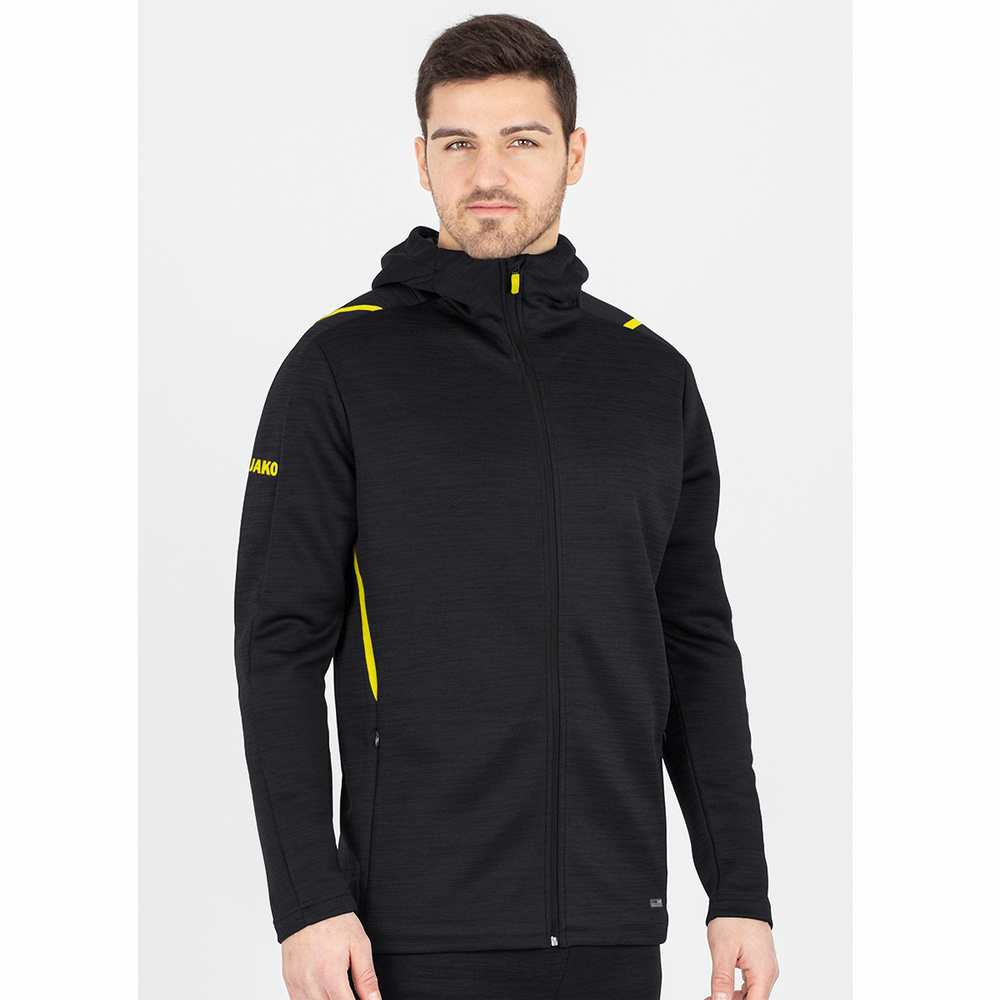 LEISURE JACKET JAKO CHALLENGE WITH HOOD, BLACK MELANGE-CITRO MEN. 