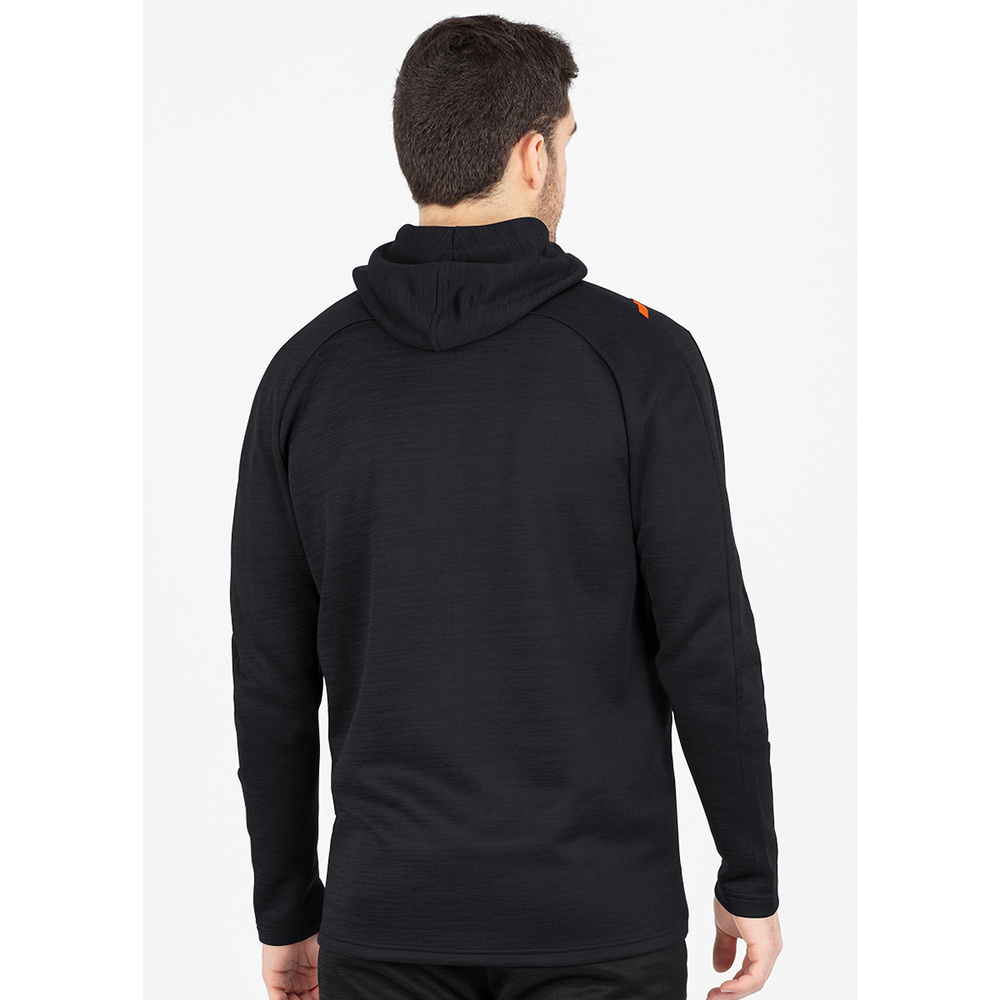 LEISURE JACKET JAKO CHALLENGE WITH HOOD, BLACK MELANGE-NEON ORANGE KIDS. 