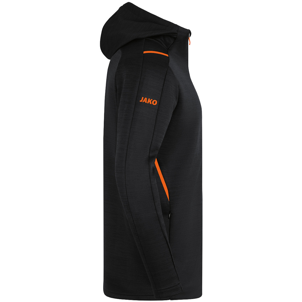 LEISURE JACKET JAKO CHALLENGE WITH HOOD, BLACK MELANGE-NEON ORANGE MEN. 