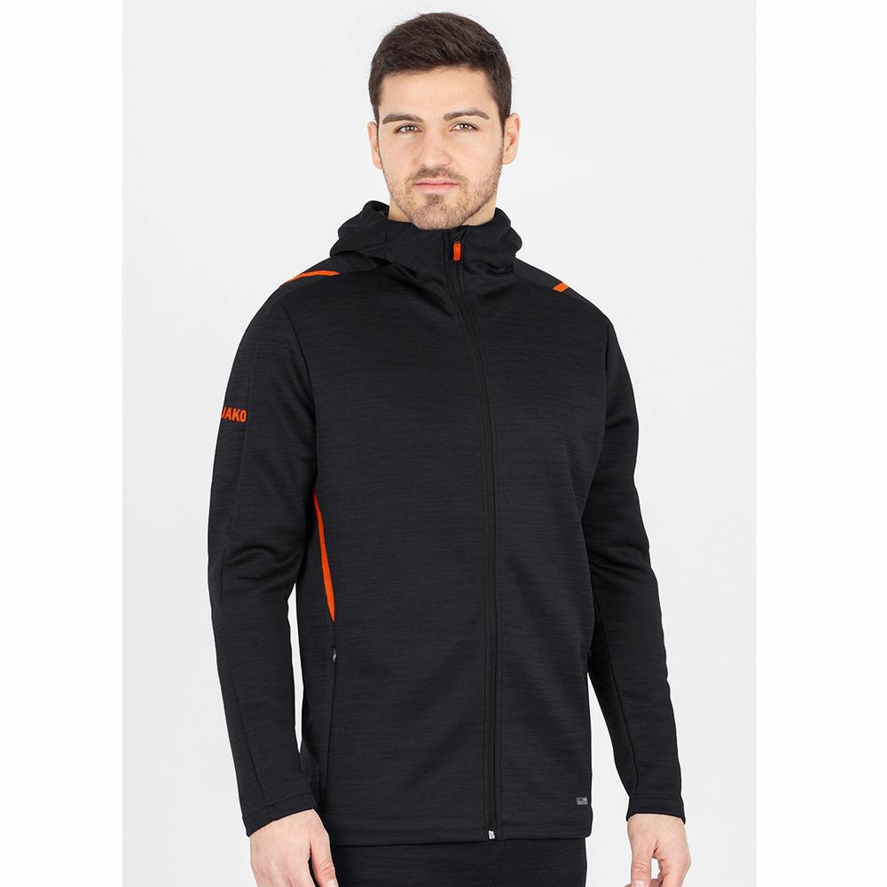 LEISURE JACKET JAKO CHALLENGE WITH HOOD, BLACK MELANGE-NEON ORANGE MEN. 