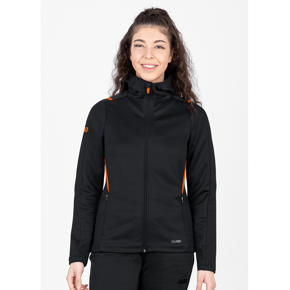 LEISURE JACKET JAKO CHALLENGE WITH HOOD, BLACK MELANGE-NEON ORANGE WOMEN. 