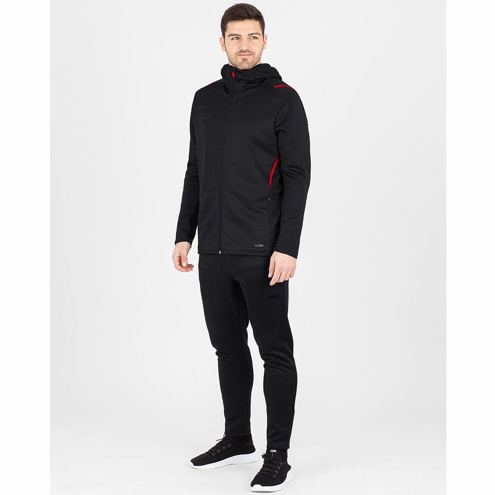 LEISURE JACKET JAKO CHALLENGE WITH HOOD, BLACK MELANGE-RED KIDS. 