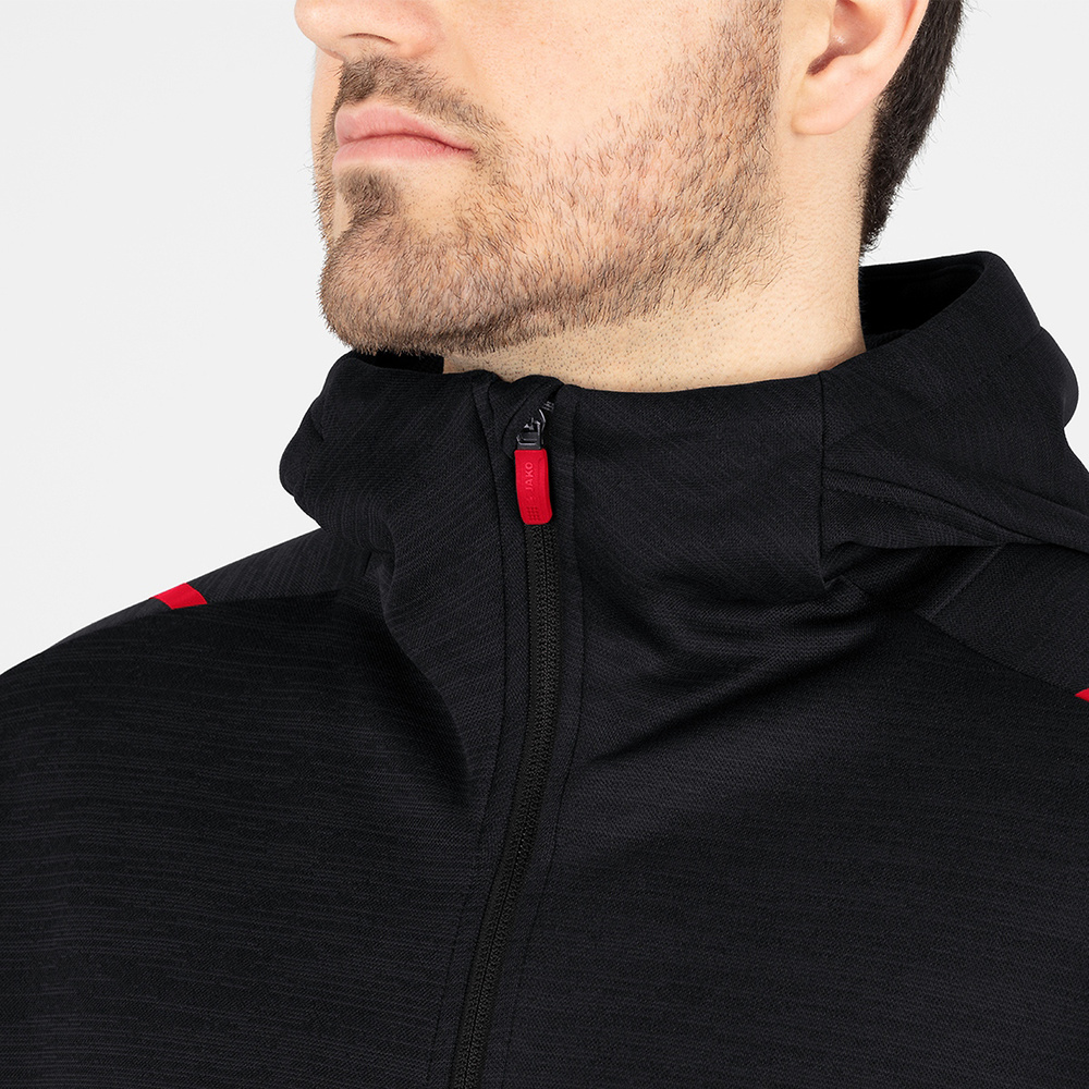 LEISURE JACKET JAKO CHALLENGE WITH HOOD, BLACK MELANGE-RED MEN. 