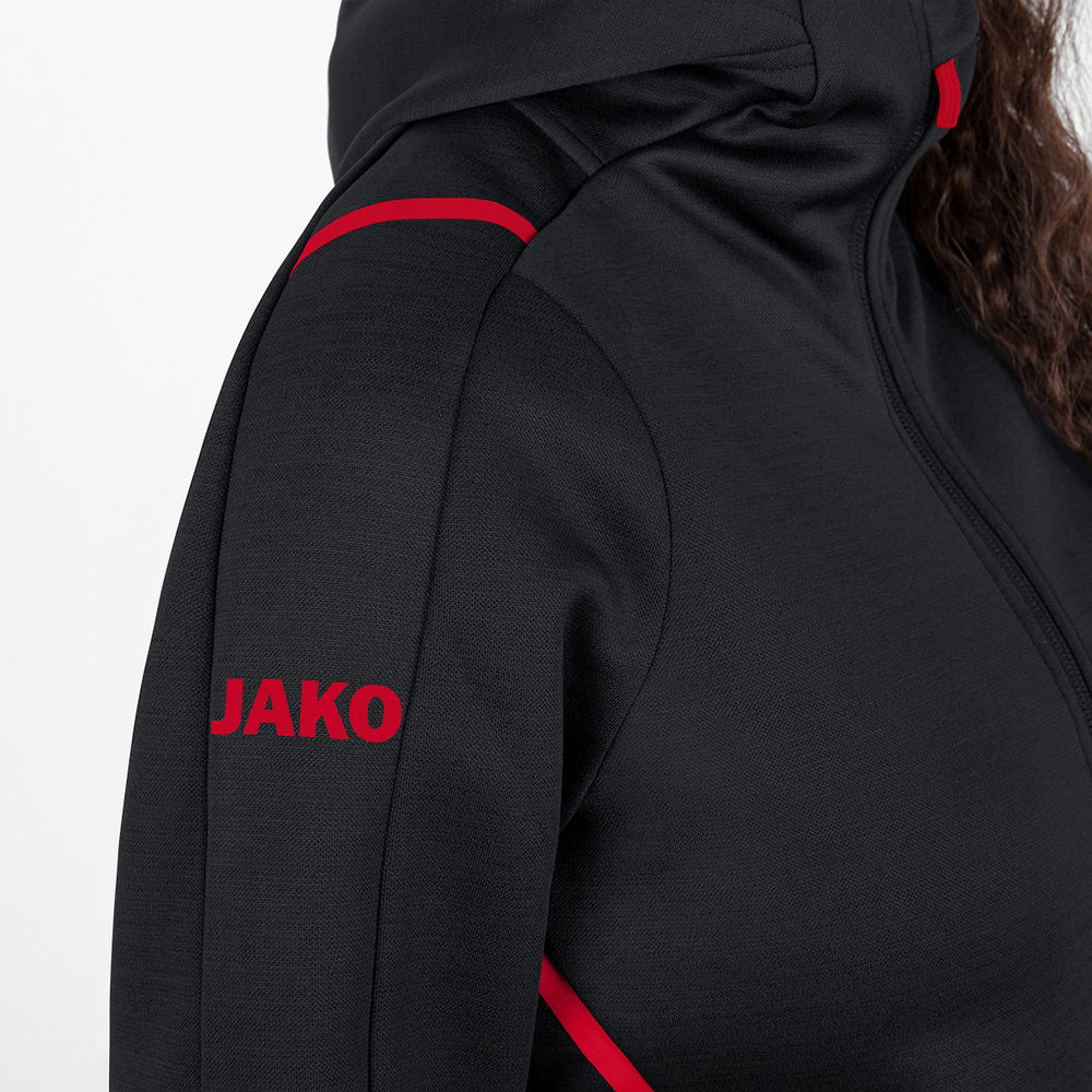 LEISURE JACKET JAKO CHALLENGE WITH HOOD, BLACK MELANGE-RED WOMEN. 