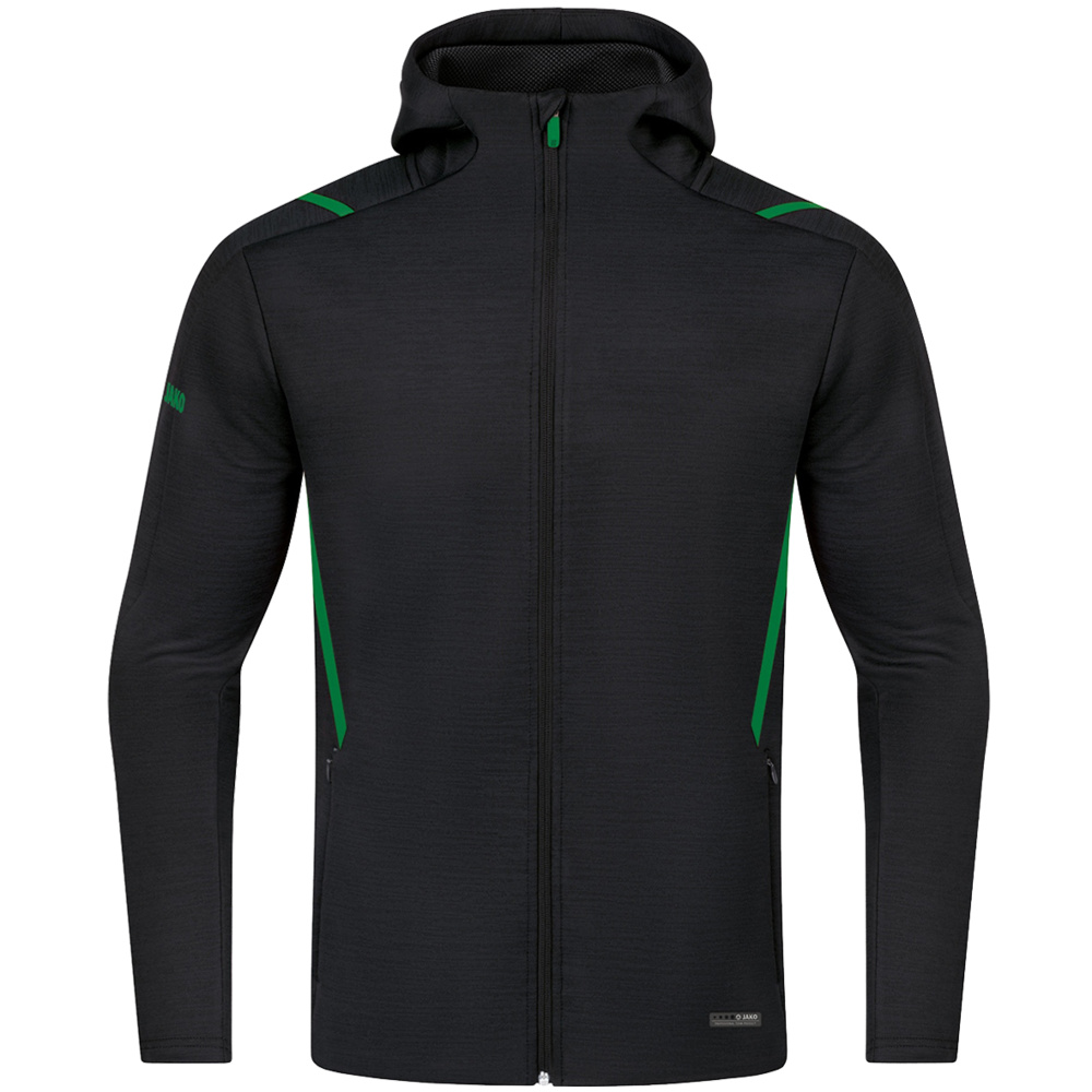 LEISURE JACKET JAKO CHALLENGE WITH HOOD, BLACK MELANGE-SPORT GREEN KIDS. 