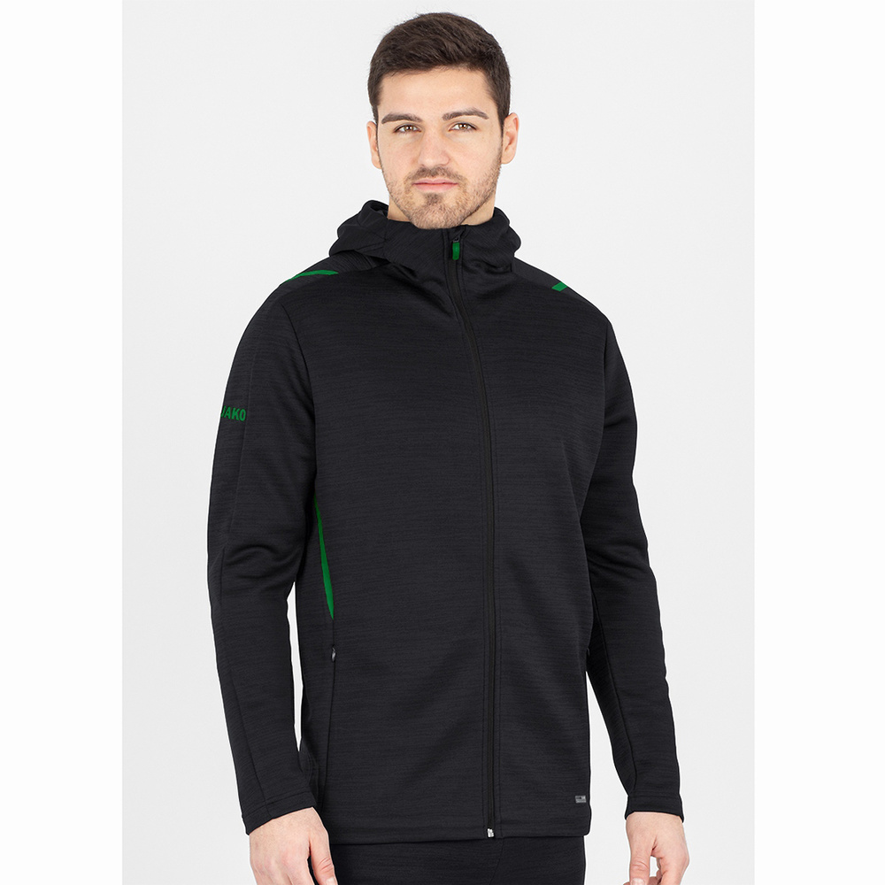 LEISURE JACKET JAKO CHALLENGE WITH HOOD, BLACK MELANGE-SPORT GREEN KIDS. 