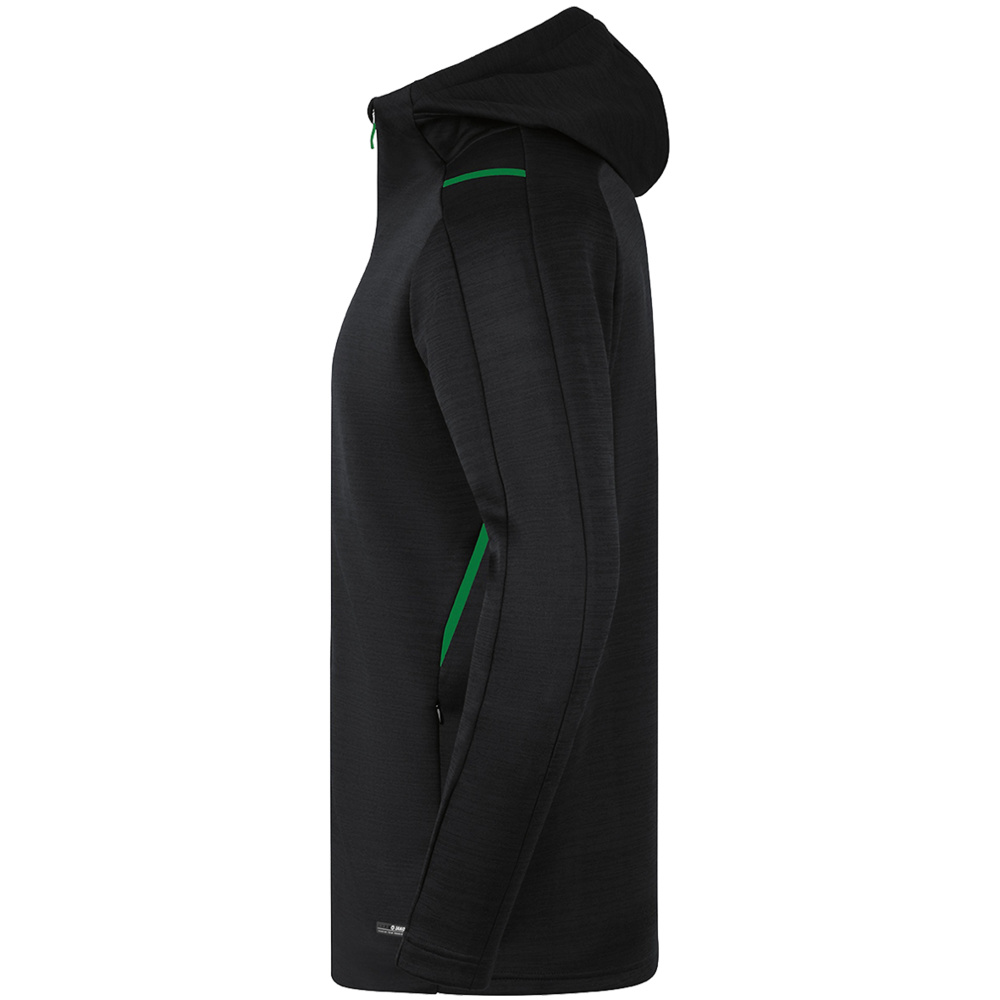 LEISURE JACKET JAKO CHALLENGE WITH HOOD, BLACK MELANGE-SPORT GREEN MEN. 