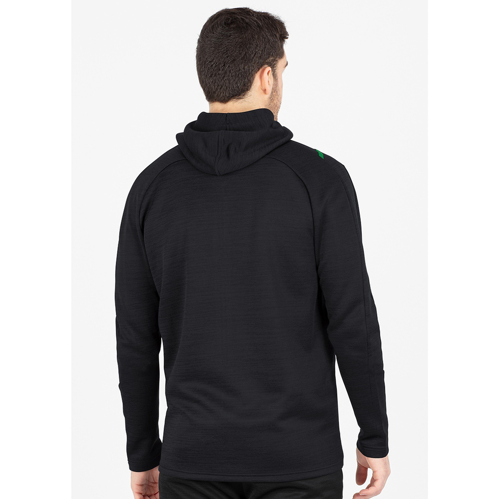 LEISURE JACKET JAKO CHALLENGE WITH HOOD, BLACK MELANGE-SPORT GREEN MEN. 