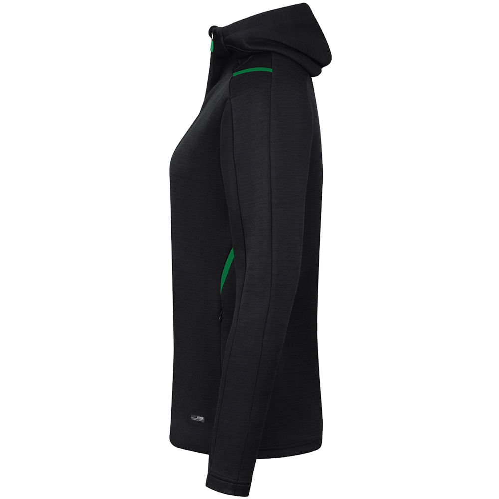 LEISURE JACKET JAKO CHALLENGE WITH HOOD, BLACK MELANGE-SPORT GREEN WOMEN. 