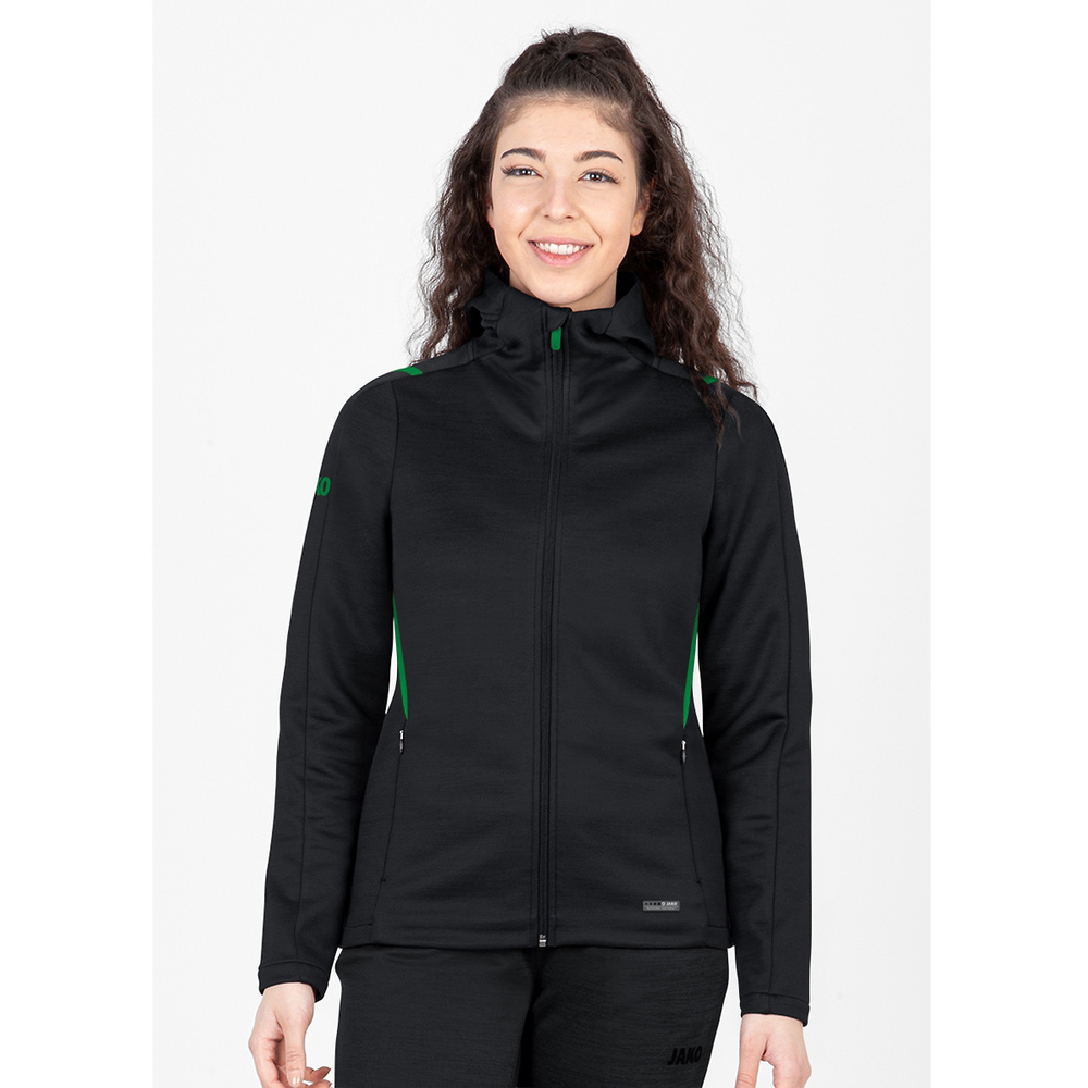 LEISURE JACKET JAKO CHALLENGE WITH HOOD, BLACK MELANGE-SPORT GREEN WOMEN. 