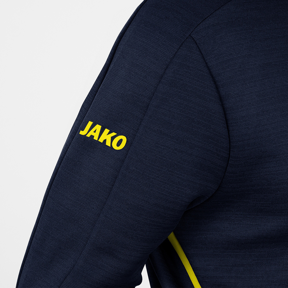 LEISURE JACKET JAKO CHALLENGE WITH HOOD, SEABLUE MELANGE-NEON YELLOW KIDS. 