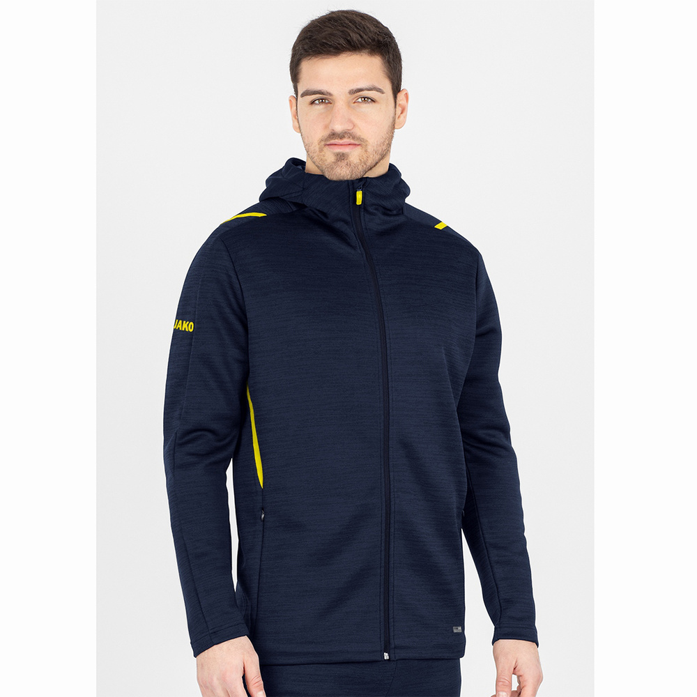 LEISURE JACKET JAKO CHALLENGE WITH HOOD, SEABLUE MELANGE-NEON YELLOW MEN. 