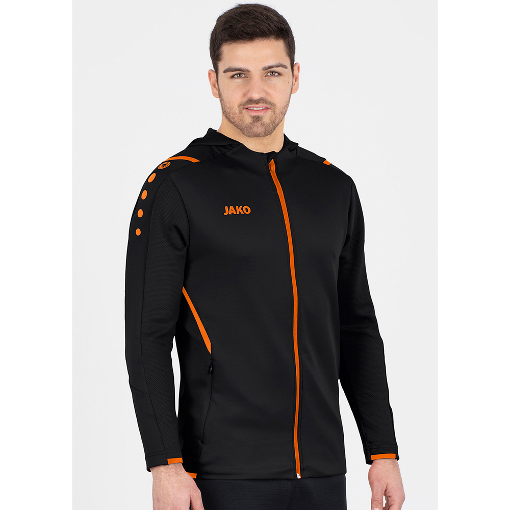 TRAINING JACKET JAKO CHALLENGE WITH HOOD, BLACK-NEON ORANGE KIDS. 