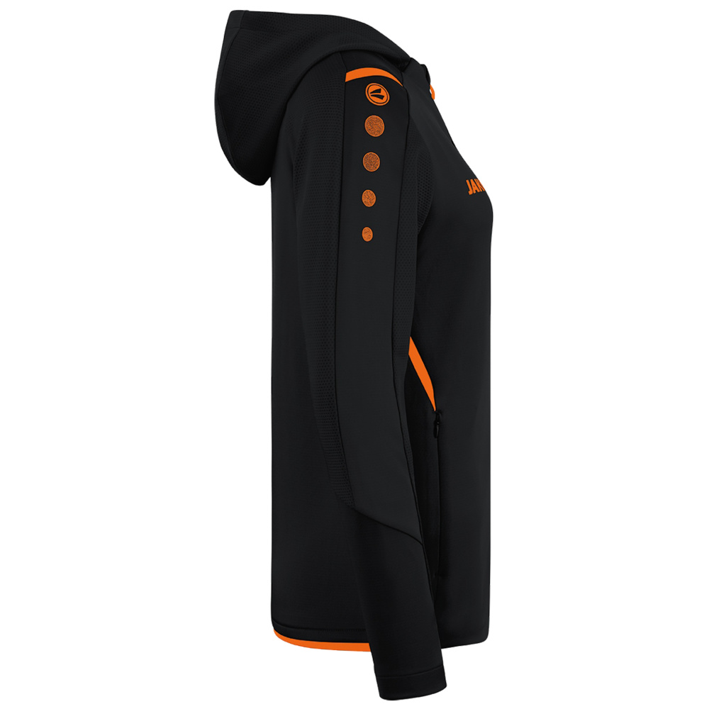 TRAINING JACKET JAKO CHALLENGE WITH HOOD, BLACK-NEON ORANGE WOMEN. 