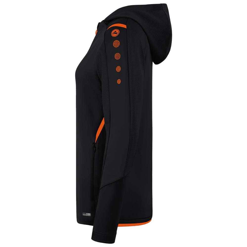 TRAINING JACKET JAKO CHALLENGE WITH HOOD, BLACK-NEON ORANGE WOMEN. 