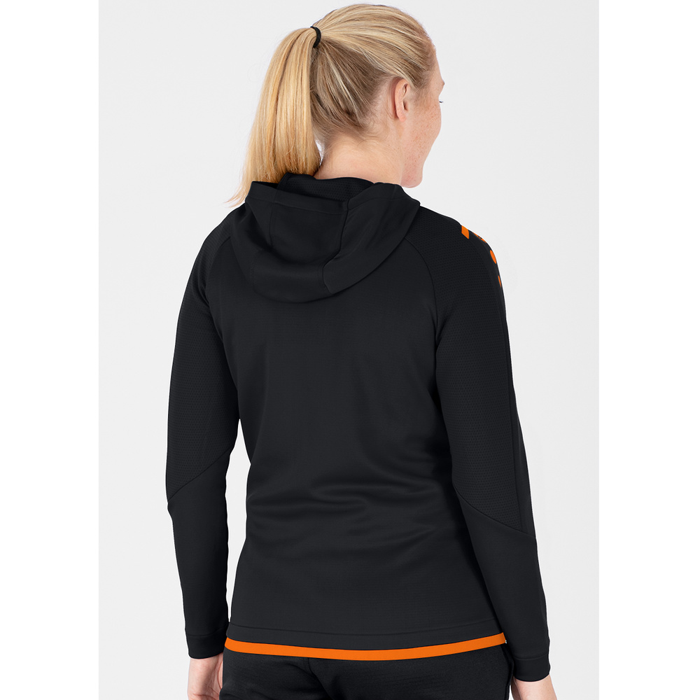 TRAINING JACKET JAKO CHALLENGE WITH HOOD, BLACK-NEON ORANGE WOMEN. 