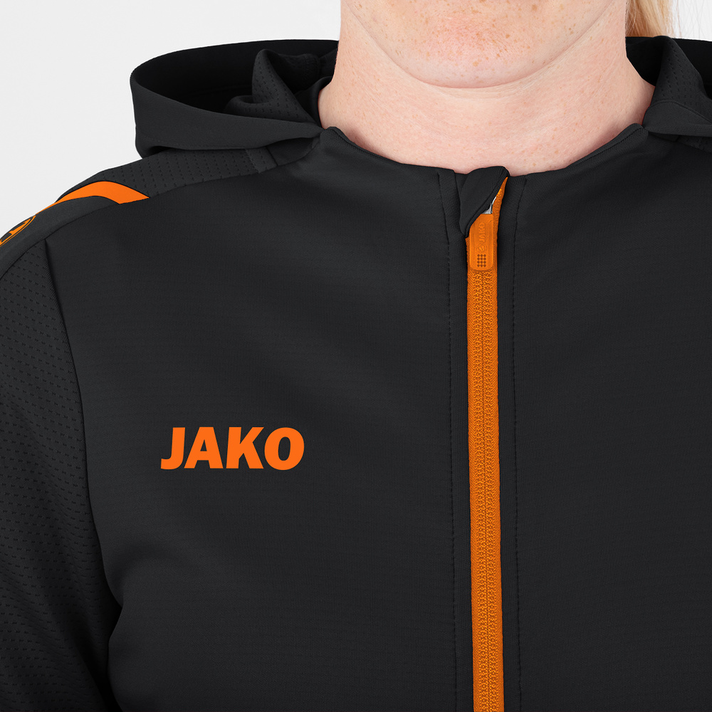 TRAINING JACKET JAKO CHALLENGE WITH HOOD, BLACK-NEON ORANGE WOMEN. 