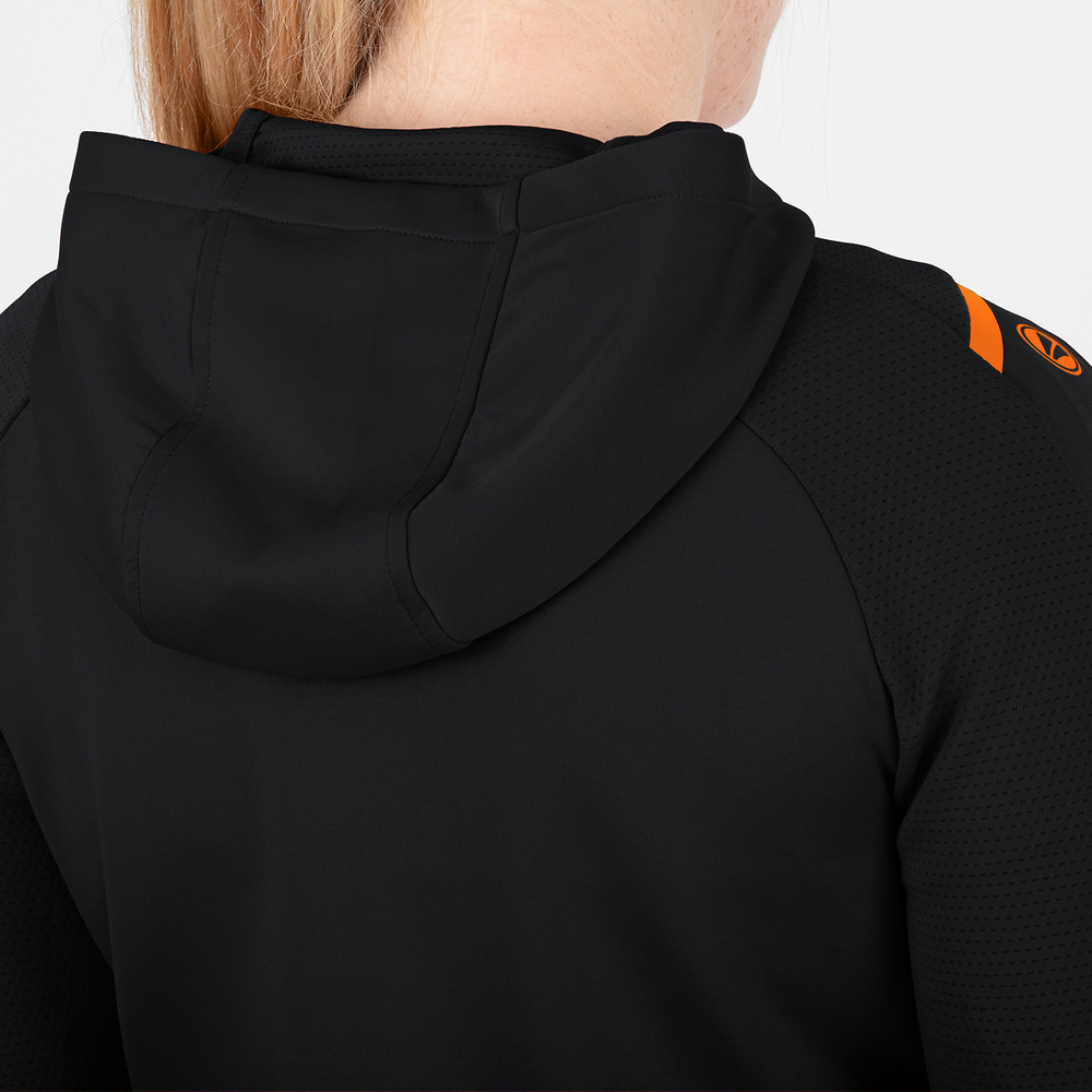 TRAINING JACKET JAKO CHALLENGE WITH HOOD, BLACK-NEON ORANGE WOMEN. 