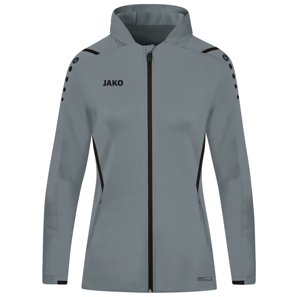 TRAINING JACKET JAKO CHALLENGE WITH HOOD, STONE GREY-BLACK WOMEN. 