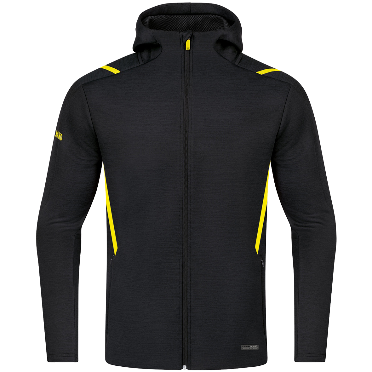 LEISURE JACKET JAKO CHALLENGE WITH HOOD, BLACK MELANGE-CITRO MEN.